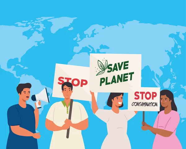 Groep mensen met protestborden, en de wereld planeet op de achtergrond, mensenrechten concept — Stockvector