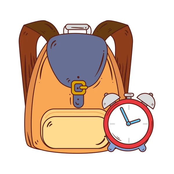 Despertador con bolso escolar en fondo blanco — Vector de stock