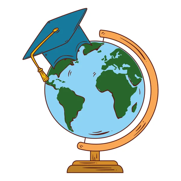 Symbole de l'école, chapeau graduation avec monde planète terre école approvisionnement — Image vectorielle