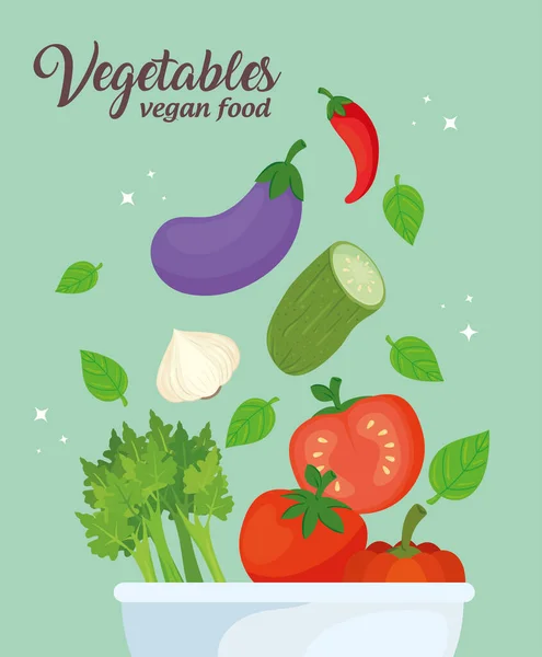 Pancarta con verduras en tazón, concepto de comida saludable — Vector de stock