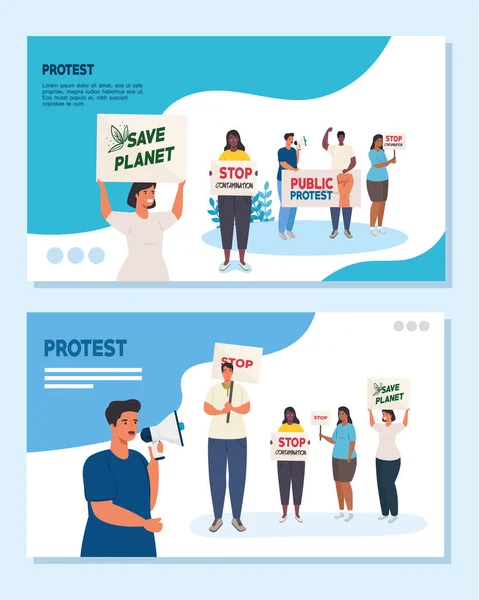 Escenificar escenas, personas en protestas con pancartas, concepto de derechos humanos — Vector de stock