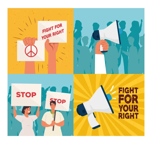 Set scenes people on protests with placards, concept human right — Stock Vector