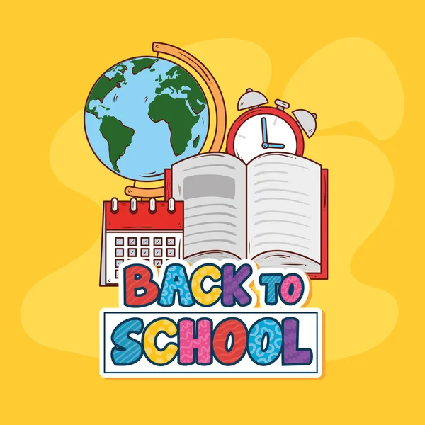 Back to school banner with open book and supplies education — Stock Vector