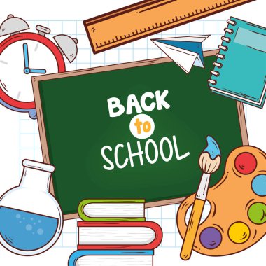 Tahta ve eğitim malzemeleriyle okul panosuna