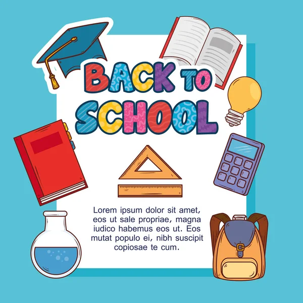 Banner terug naar school, met set supplies onderwijs — Stockvector