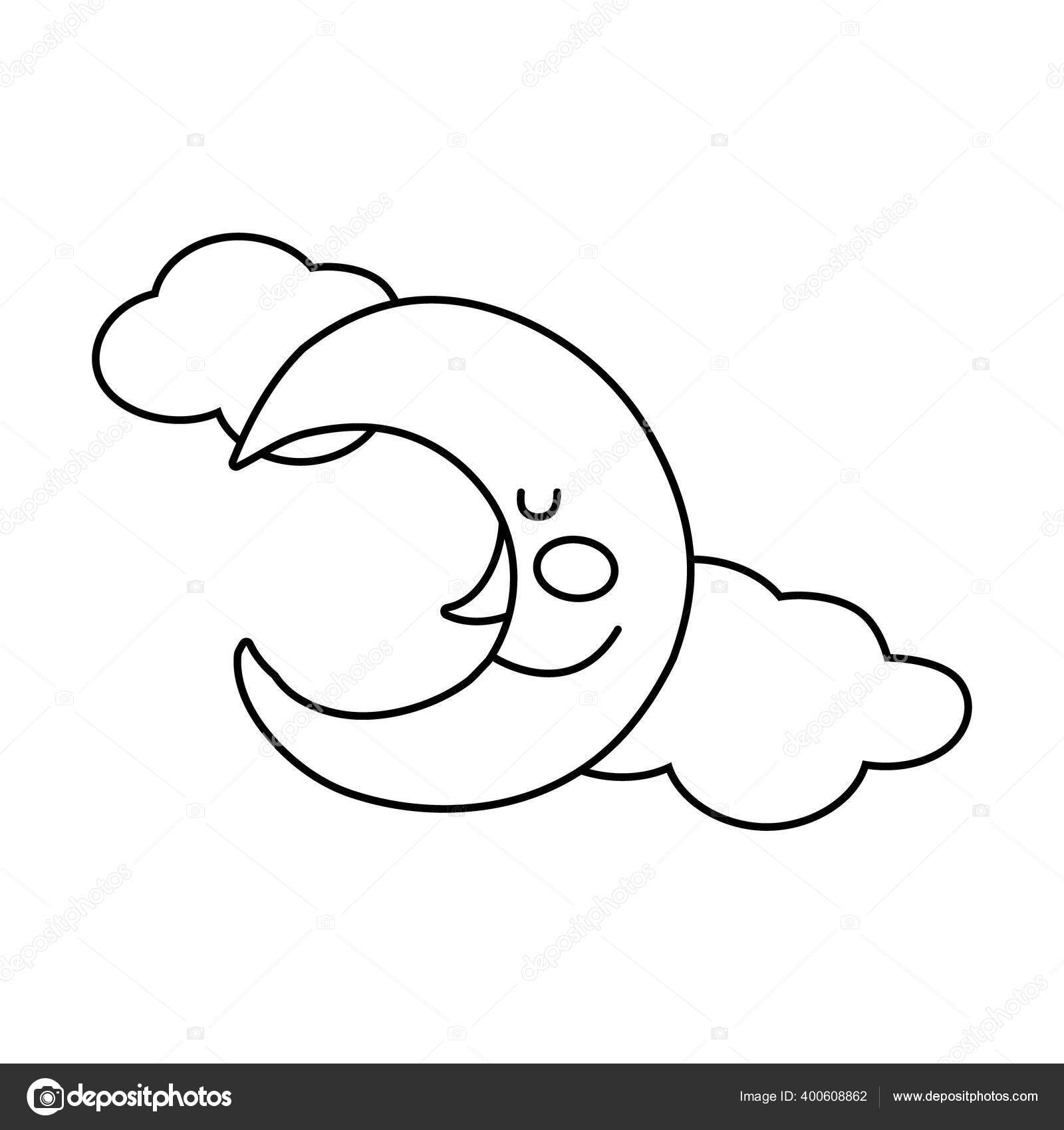 Kawaii Crescent Moon And Cloud Line Art - Desenhos Kawaii Para