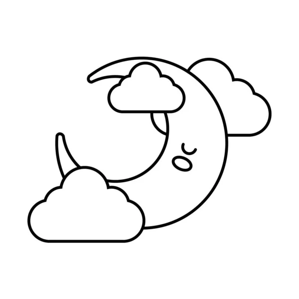 Croissant de lune heureux avec des nuages kawaii style ligne de caractère — Image vectorielle