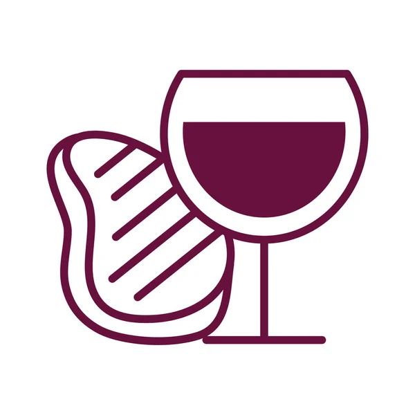 Wine cup and meat steak line style icon — Stock Vector