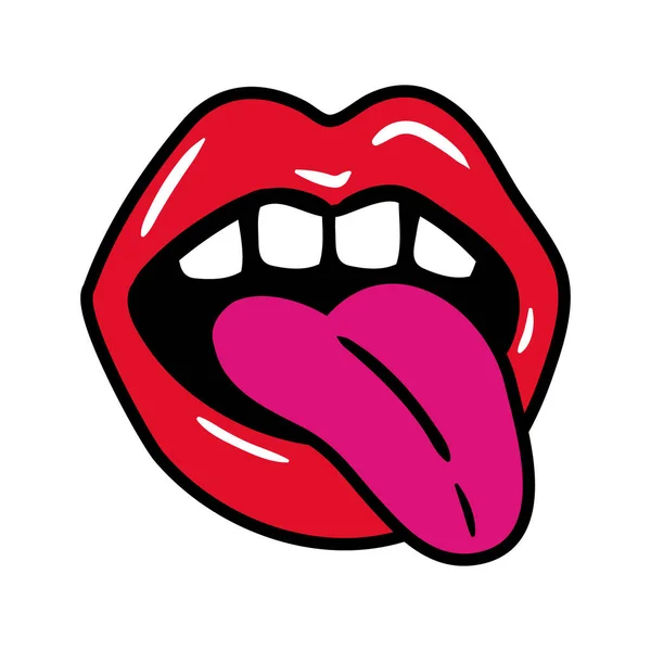 Boca femenina con lengua hacia fuera arte pop estilo plano — Vector de stock