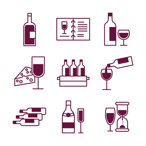 Paquete de nueve iconos de vino conjunto — Vector de stock