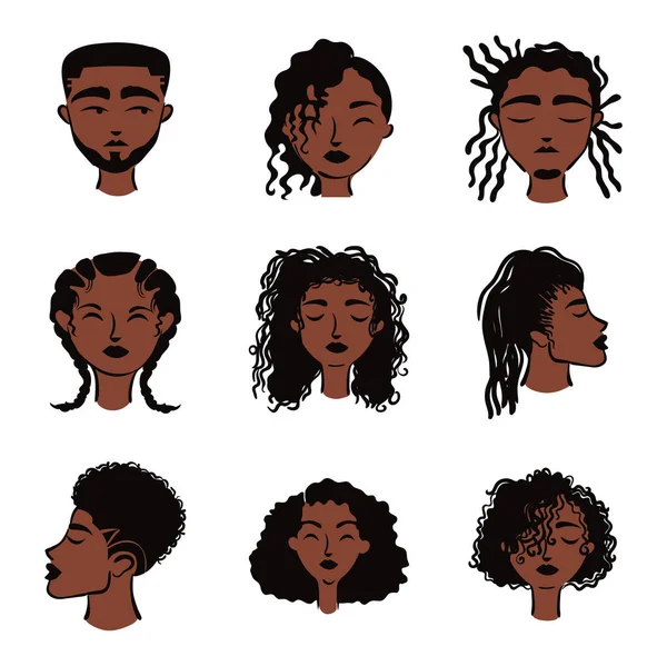 Ομάδα εννέα αφρο εθνοτικών ανθρώπων avatars χαρακτήρες — Διανυσματικό Αρχείο