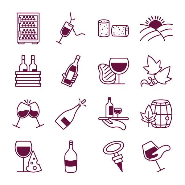Paquet de seize icônes ensemble de vin — Image vectorielle
