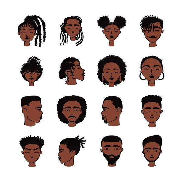 Seize afro peuples ethniques avatars personnages — Image vectorielle