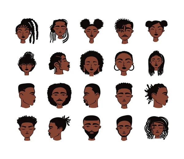 Groupe de vingt afro ethnies avatars personnages — Image vectorielle