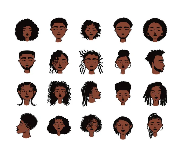 Vingt personnes afro ethniques avatars personnages — Image vectorielle