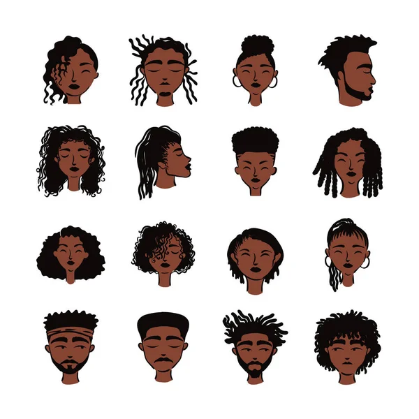 Groupe de seize afro personnes ethniques avatars personnages — Image vectorielle