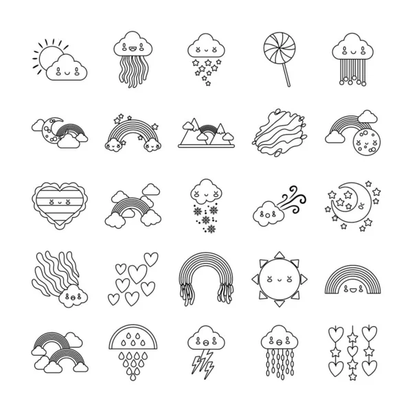 Paquet de vingt-cinq icônes arc-en-ciel et caractères kawaii — Image vectorielle