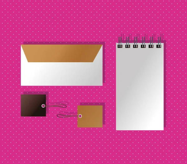 Mockup sobre de papel y cuaderno con etiquetas estilo gradiente — Vector de stock