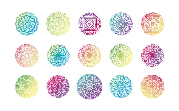 Paquete de quince mandalas colorido conjunto de iconos — Vector de stock