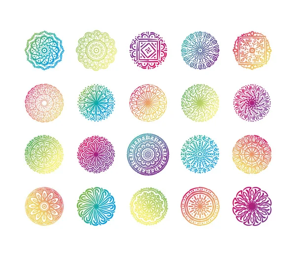 Pacote de vinte ícones de coleção de conjunto de mandalas coloridas — Vetor de Stock