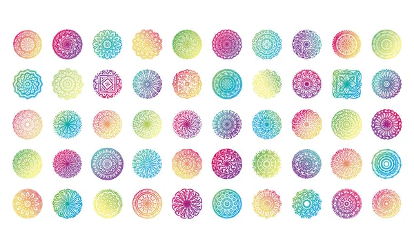 Paquete de cincuenta mandalas colorido conjunto de iconos — Vector de stock