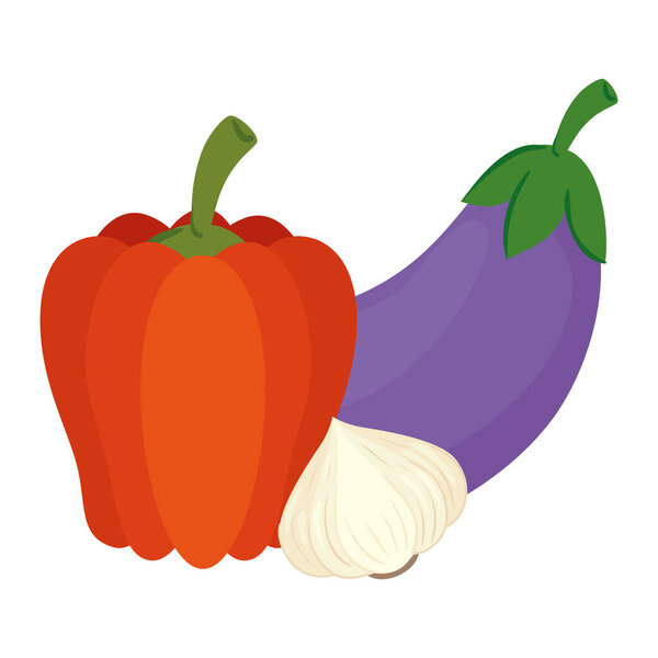 fresh vegetables, pepper with garlic and eggplant in white background