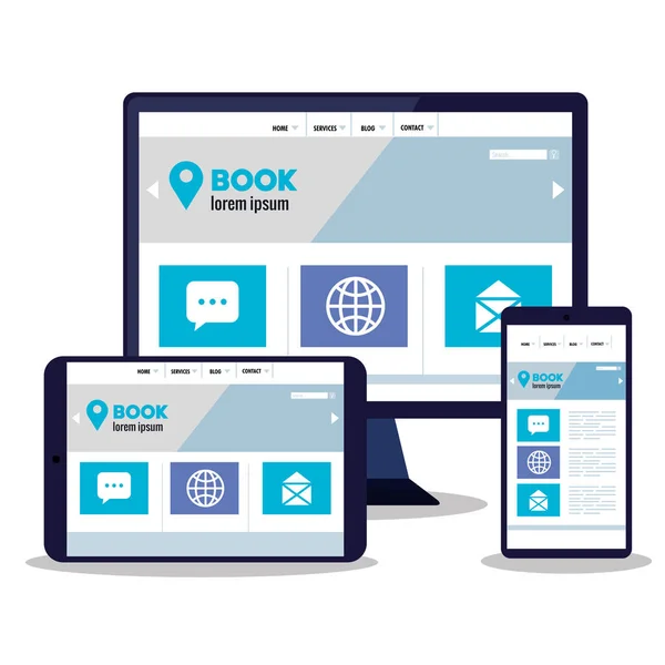 Mockup responsive web, sviluppo del sito web concettuale sull'elettronica dei dispositivi — Vettoriale Stock
