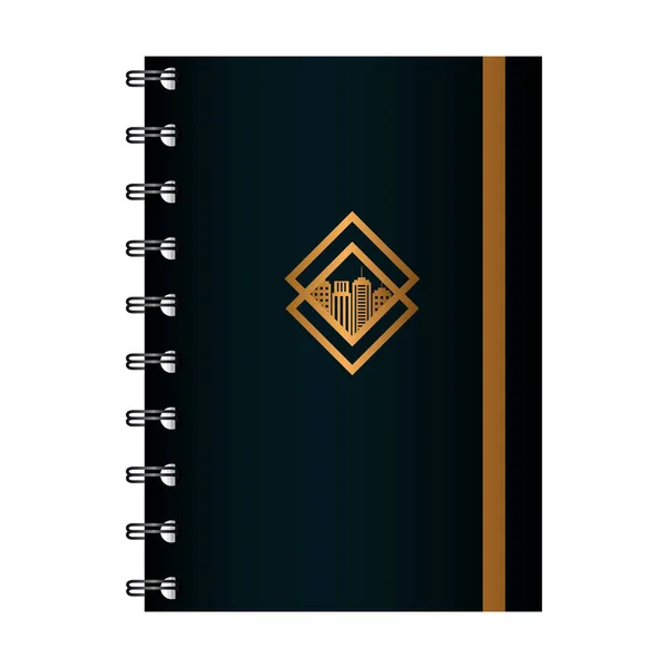 Cuaderno negro maqueta con signo de oro, identidad corporativa — Vector de stock