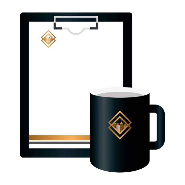 Mockup clipboard and mug black with golden sign, corporate identity — Stock Vector