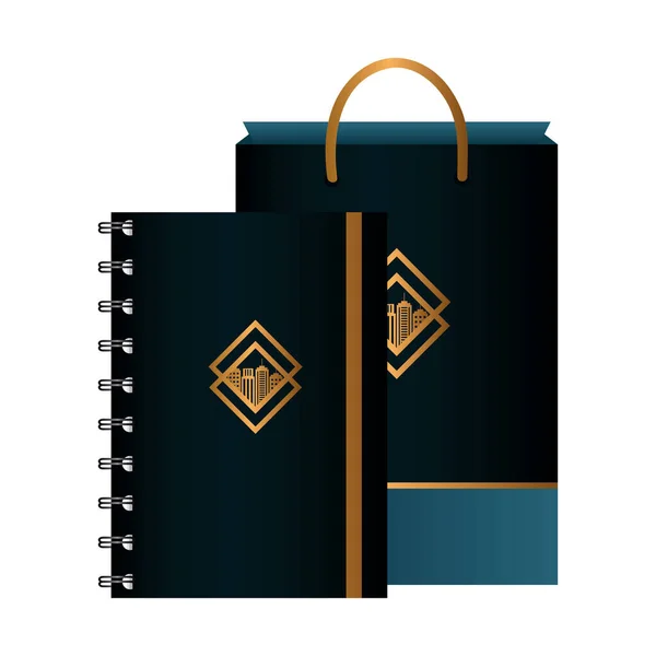 Mockup notebook en tas papier zwarte kleur, met gouden teken, huisstijl — Stockvector