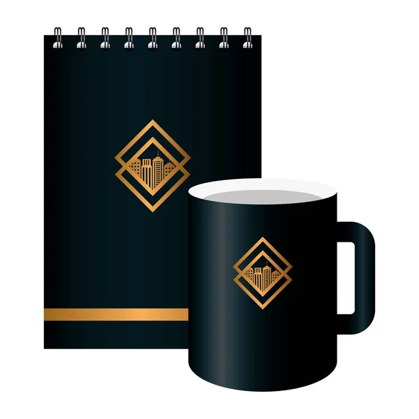 Cuaderno y taza maqueta negro con signo de oro, identidad corporativa — Vector de stock