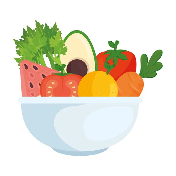 Frutas y verduras frescas en un tazón sobre fondo blanco — Vector de stock