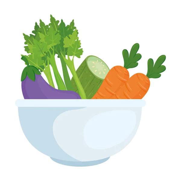 Verduras frescas en tazón sobre fondo blanco — Vector de stock