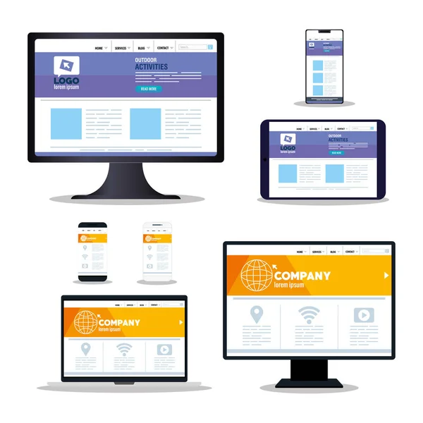 Web responsivo mockup, desenvolvimento de site conceito em dispositivos eletrônicos — Vetor de Stock