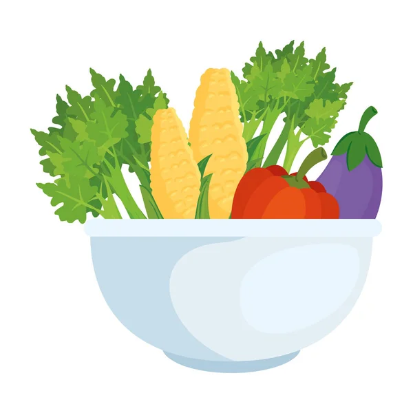 Φρέσκα λαχανικά σε μπολ, σε λευκό φόντο — Διανυσματικό Αρχείο