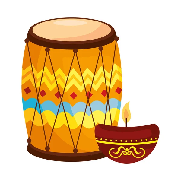 Drum dhol indian traditional, with candle light — Stock Vector