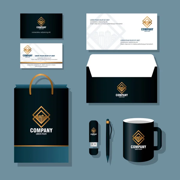 Varumärke mockup företagsidentitet, mockup av brevpapper leveranser, svart färg med gyllene tecken — Stock vektor