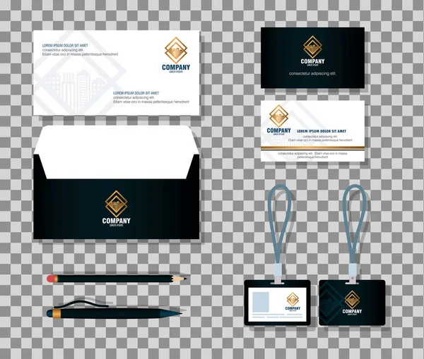 Identidade corporativa mockup marca, mockup de suprimentos de papelaria, cor preta com sinal de ouro — Vetor de Stock