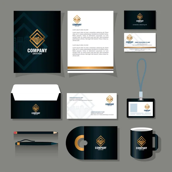 Identidade corporativa marca mockup, artigos de papelaria fornece cor preta com sinal de ouro —  Vetores de Stock