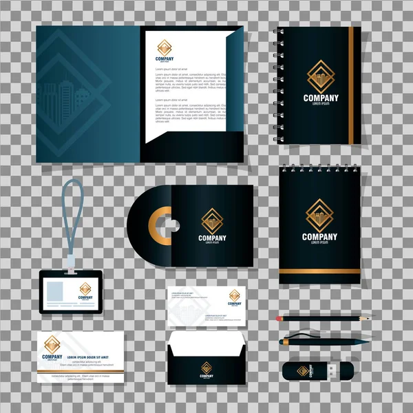 Marca mockup identidade corporativa, mockup de artigos de papelaria fornece cor preta com sinal de ouro — Vetor de Stock