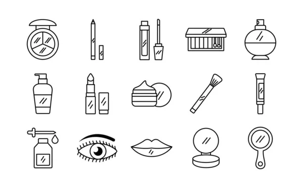 Bundle of fifteen make up cosmetics set icons — Stock Vector