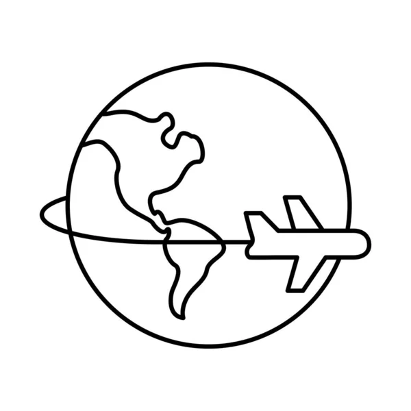 Aereo che vola intorno al pianeta mondo con l'icona di stile linea continente americano — Vettoriale Stock