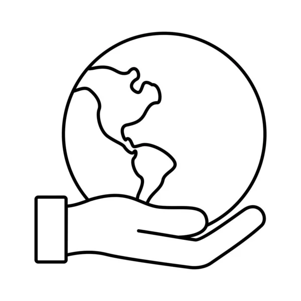 Hand lifting world planet earth with america continent map style icon — стоковый вектор