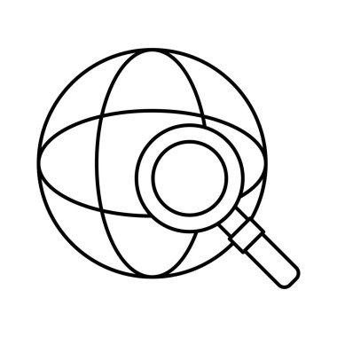 Büyütücü cam çizgi simgesine sahip küresel dünya gezegeni