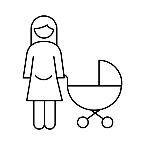 Família mãe gravidez figura com carrinho de bebê linha estilo ícone — Vetor de Stock