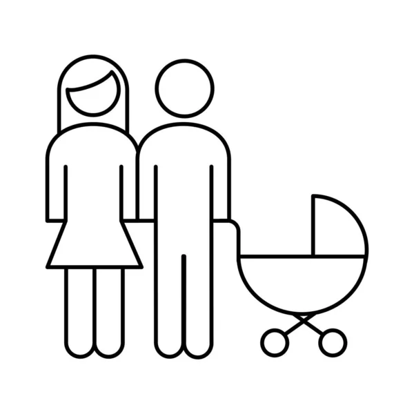 Family parents couple with baby cart figures line style icon — Stock Vector