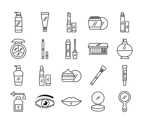 Paquete de veinte maquillaje iconos conjunto de cosméticos — Archivo Imágenes Vectoriales