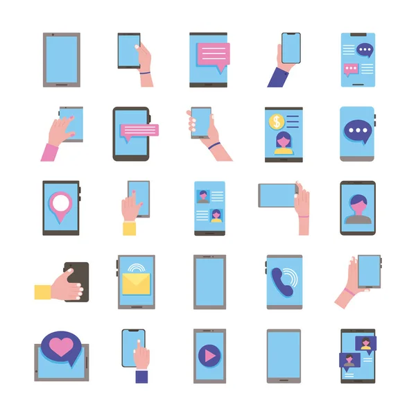 Pacote de vinte e cinco smartphones dispositivos definir ícones de coleção —  Vetores de Stock