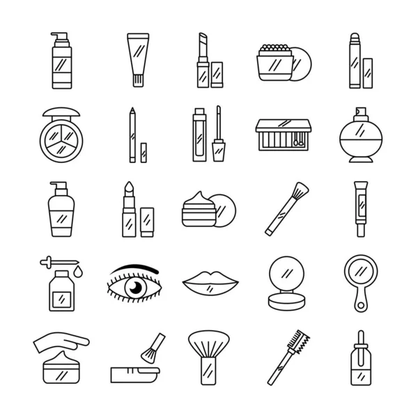 Bundle of twenty five make up cosmetics set icons — Stock Vector