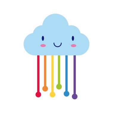 Bulutlu gökyüzü Kawaii çizgi roman karakterinin düz stiliyle asılı.